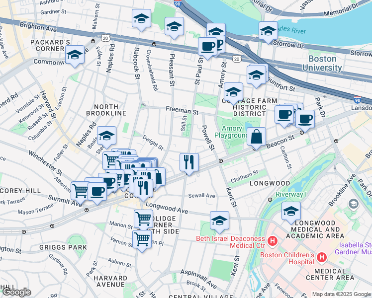 map of restaurants, bars, coffee shops, grocery stores, and more near 216 Saint Paul Street in Brookline