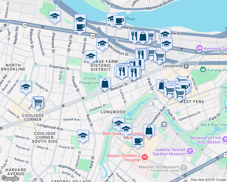 map of restaurants, bars, coffee shops, grocery stores, and more near 1083 Beacon Street in Brookline