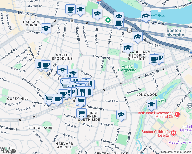 map of restaurants, bars, coffee shops, grocery stores, and more near 63 Parkman Street in Brookline