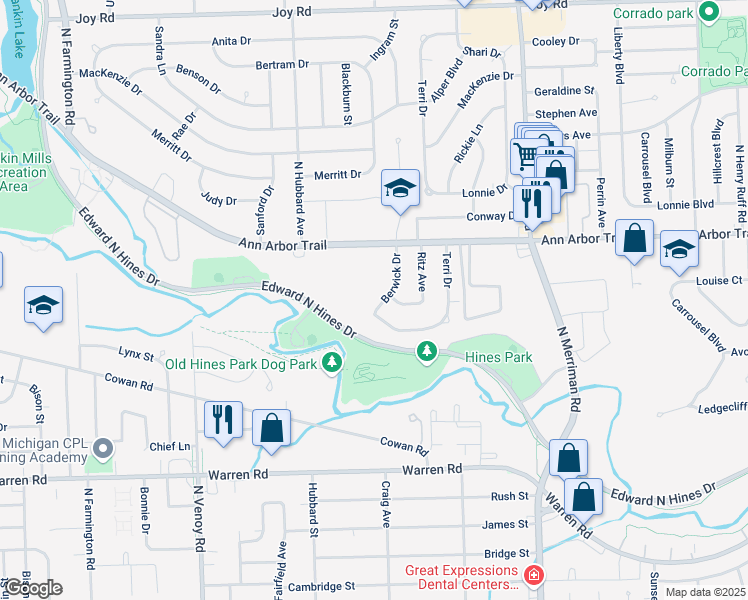 map of restaurants, bars, coffee shops, grocery stores, and more near 7551 Berwick Drive in Westland