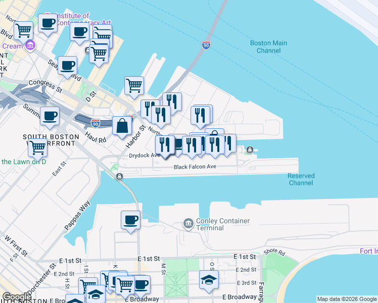 map of restaurants, bars, coffee shops, grocery stores, and more near 36 Dry Dock Avenue in Boston