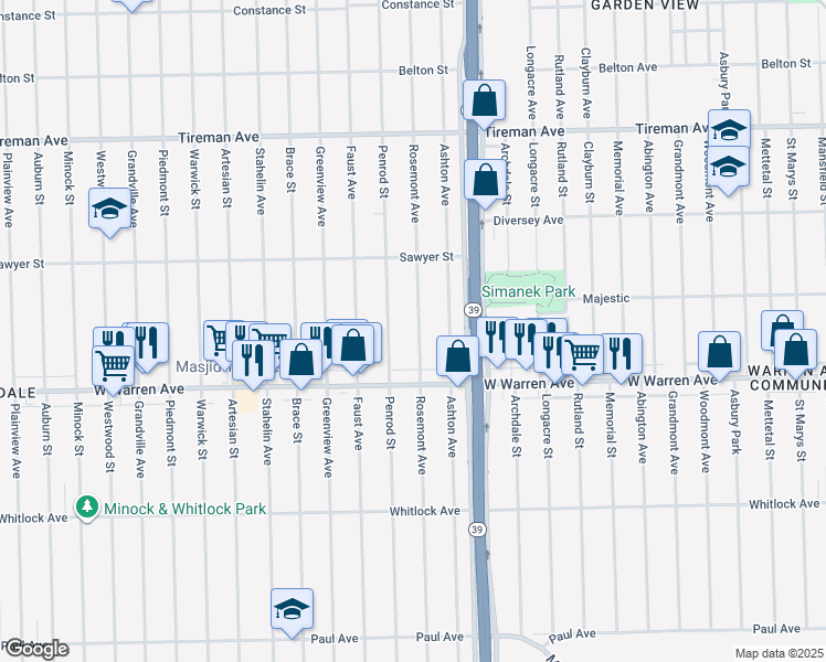 map of restaurants, bars, coffee shops, grocery stores, and more near 7303 Rosemont Avenue in Detroit