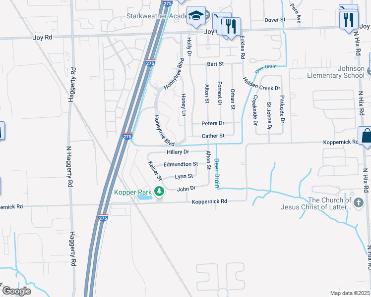 map of restaurants, bars, coffee shops, grocery stores, and more near 39714 Hillary Drive in Canton