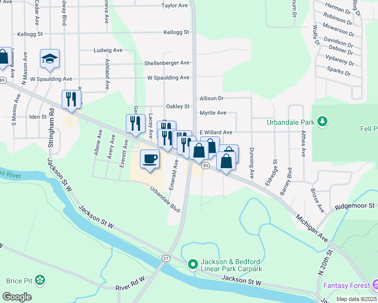 map of restaurants, bars, coffee shops, grocery stores, and more near 1 Bedford Road North in Battle Creek