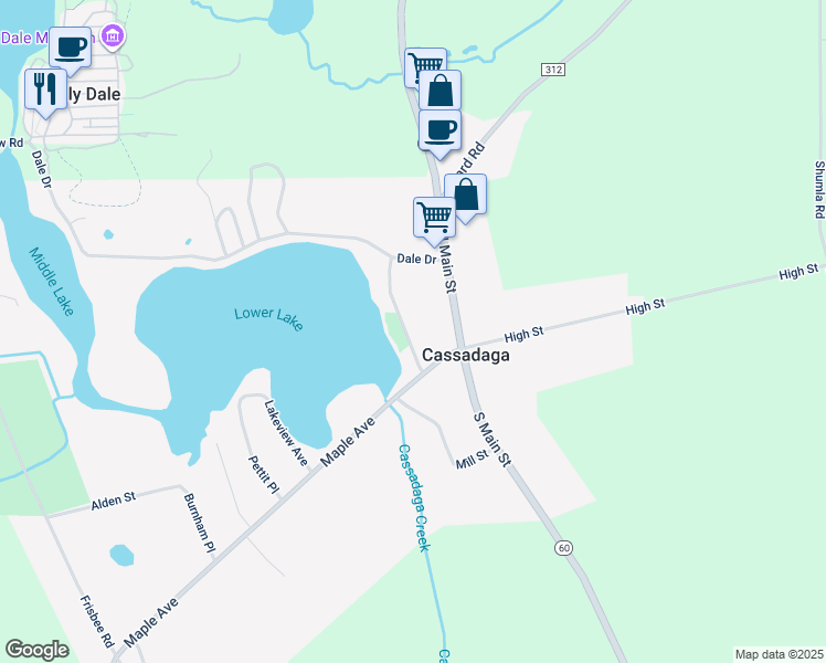 map of restaurants, bars, coffee shops, grocery stores, and more near 32 Park Avenue in Cassadaga