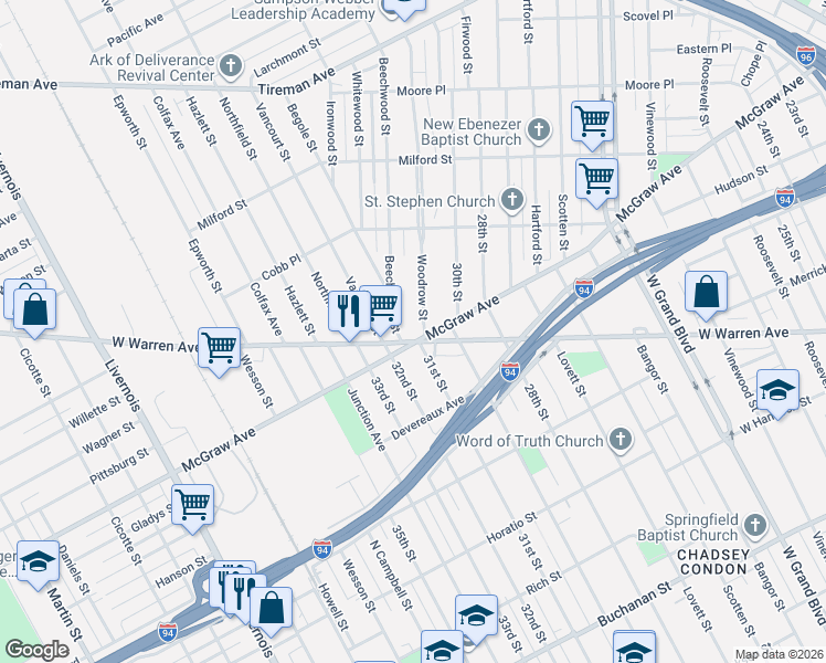 map of restaurants, bars, coffee shops, grocery stores, and more near 4814 West Warren Avenue in Detroit