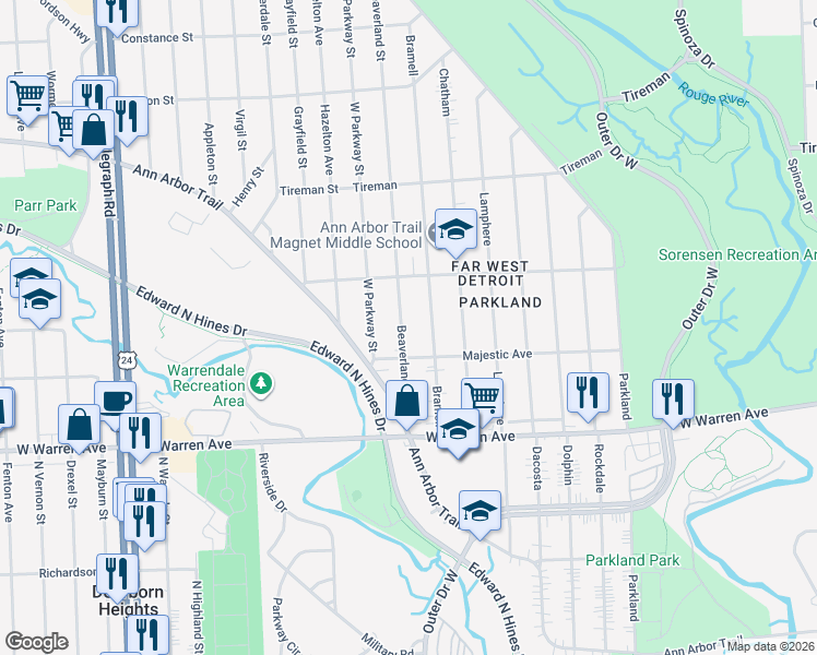 map of restaurants, bars, coffee shops, grocery stores, and more near 7458 Beaverland Street in Detroit