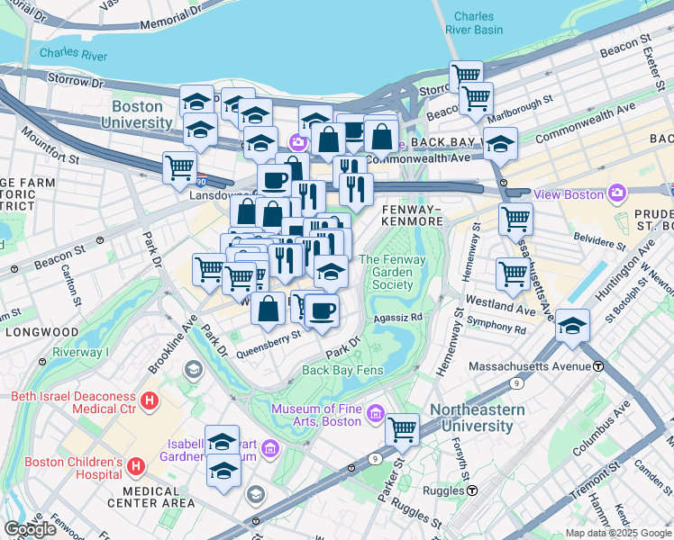 map of restaurants, bars, coffee shops, grocery stores, and more near 1260 Boylston Street in Boston