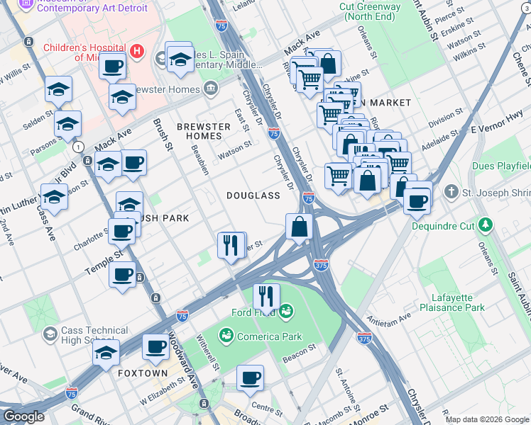 map of restaurants, bars, coffee shops, grocery stores, and more near in Detroit