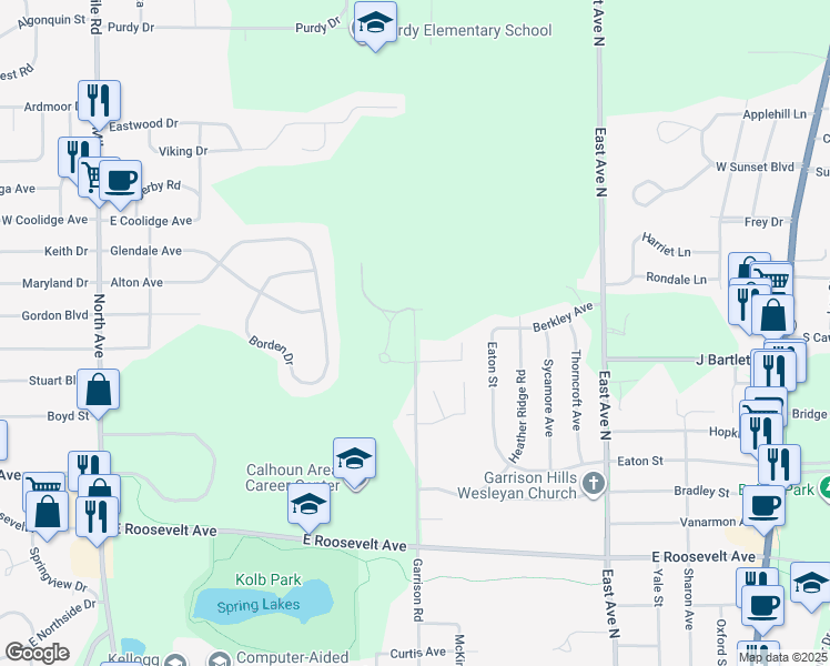map of restaurants, bars, coffee shops, grocery stores, and more near 647 Eiffel Drive in Battle Creek