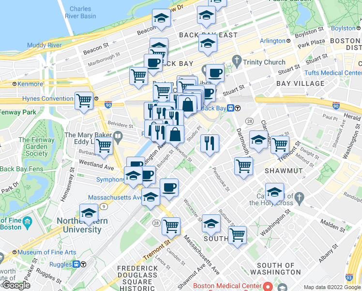 map of restaurants, bars, coffee shops, grocery stores, and more near 94 Saint Botolph Street in Boston