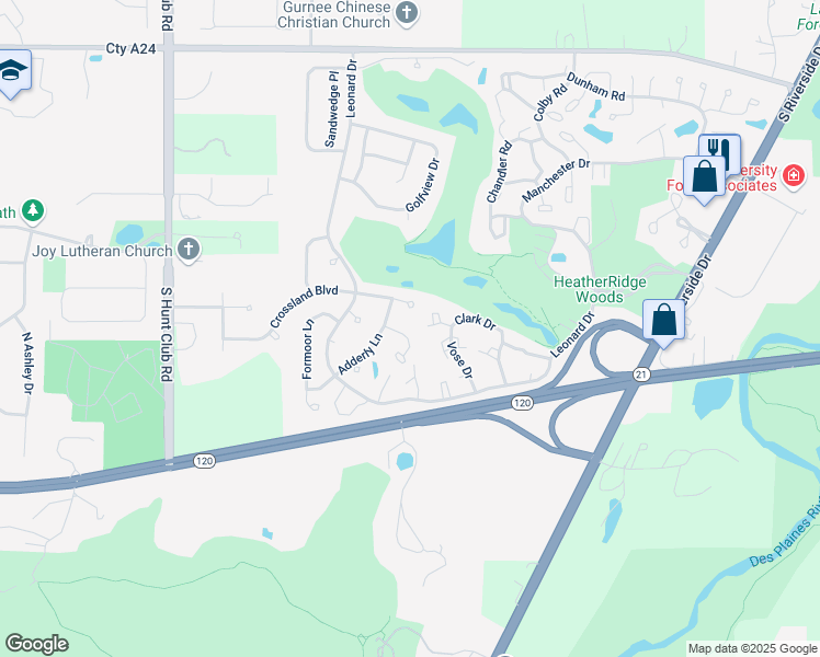 map of restaurants, bars, coffee shops, grocery stores, and more near 6130 Newbury Court in Gurnee