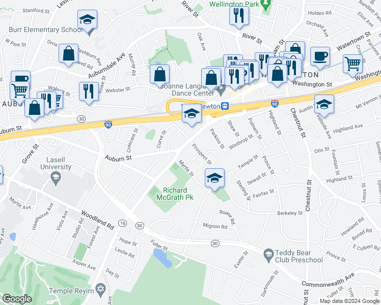 map of restaurants, bars, coffee shops, grocery stores, and more near 69 Prospect Street in Newton
