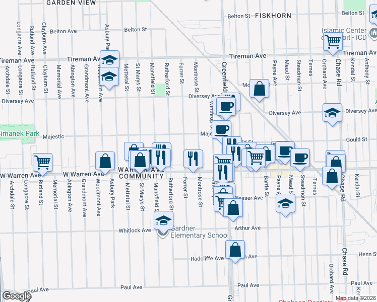 map of restaurants, bars, coffee shops, grocery stores, and more near 7291 Montrose Street in Detroit