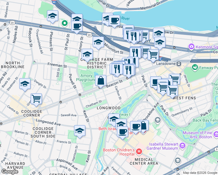 map of restaurants, bars, coffee shops, grocery stores, and more near 1083 Beacon Street in Brookline