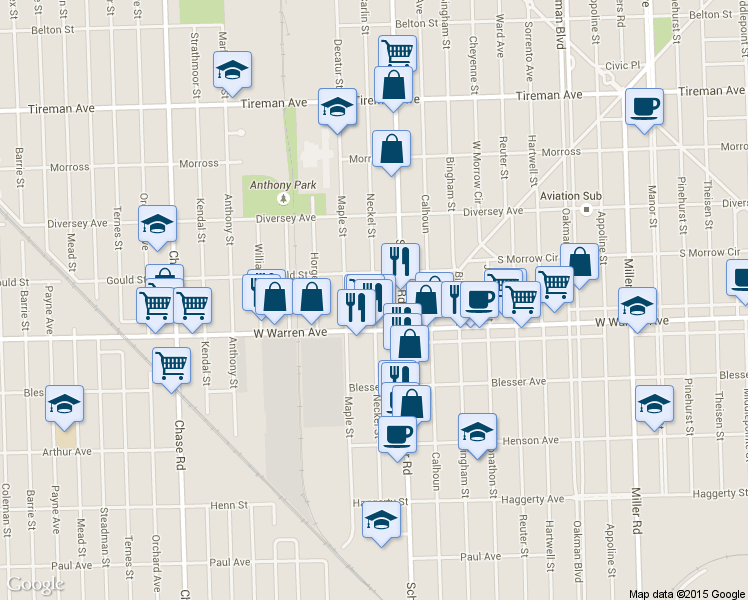 map of restaurants, bars, coffee shops, grocery stores, and more near 7304 Neckel Street in Dearborn