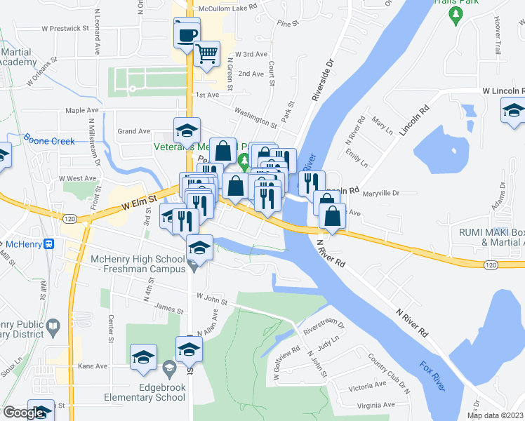 map of restaurants, bars, coffee shops, grocery stores, and more near 3310 Riverside Drive in McHenry