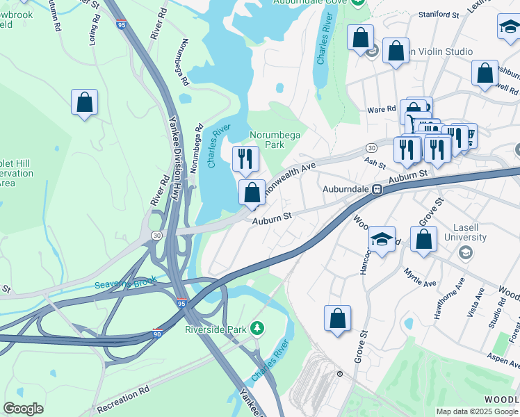 map of restaurants, bars, coffee shops, grocery stores, and more near 2360 Commonwealth Avenue in Newton