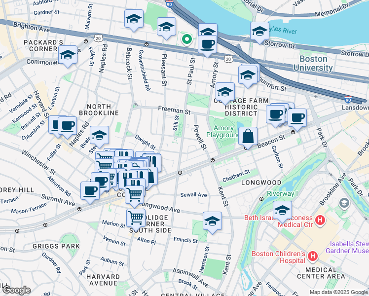 map of restaurants, bars, coffee shops, grocery stores, and more near 217 Saint Paul Street in Brookline