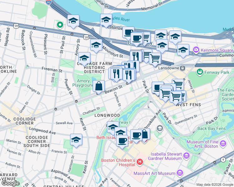 map of restaurants, bars, coffee shops, grocery stores, and more near 46 Carlton Street in Brookline