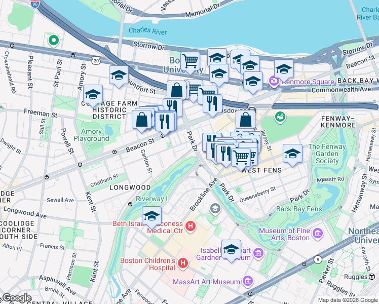 map of restaurants, bars, coffee shops, grocery stores, and more near 440 Park Drive in Boston