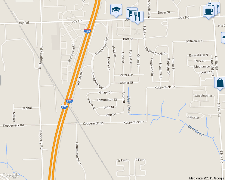 map of restaurants, bars, coffee shops, grocery stores, and more near 39714 Hillary Drive in Canton