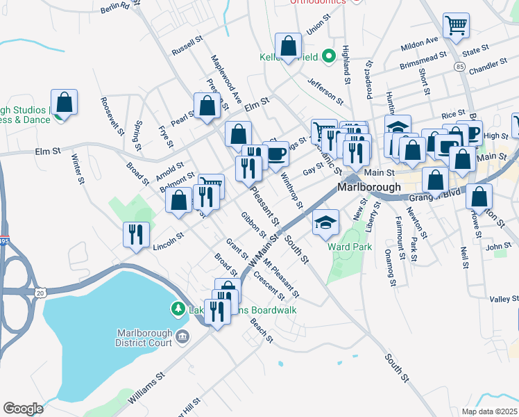 map of restaurants, bars, coffee shops, grocery stores, and more near 40 Pleasant Street in Marlborough