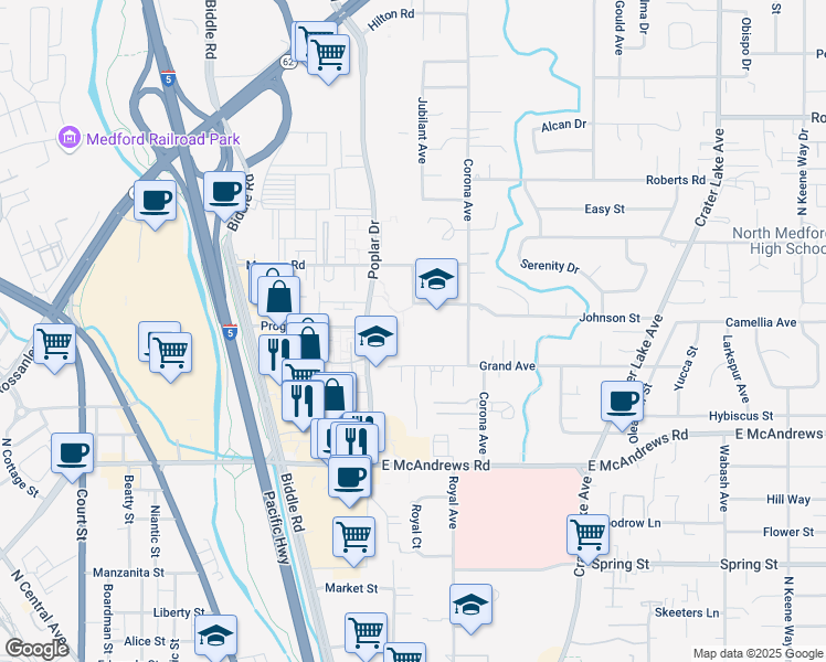 map of restaurants, bars, coffee shops, grocery stores, and more near 1401 Grand Avenue in Medford