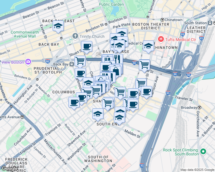 map of restaurants, bars, coffee shops, grocery stores, and more near 505 Tremont Street in Boston