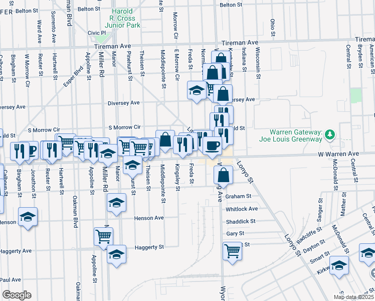 map of restaurants, bars, coffee shops, grocery stores, and more near 7226 Emanon Street in Dearborn