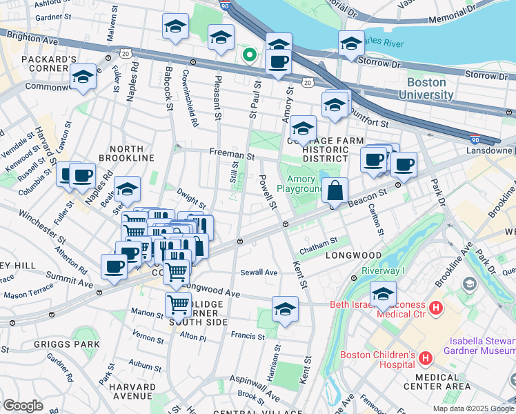 map of restaurants, bars, coffee shops, grocery stores, and more near 17 Parkman Street in Brookline