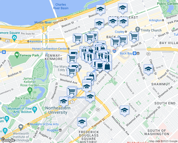 map of restaurants, bars, coffee shops, grocery stores, and more near 93-105 Falmouth Street in Boston