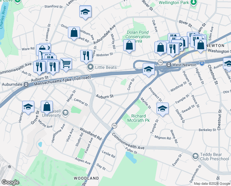 map of restaurants, bars, coffee shops, grocery stores, and more near 79 Auburn Street in Newton