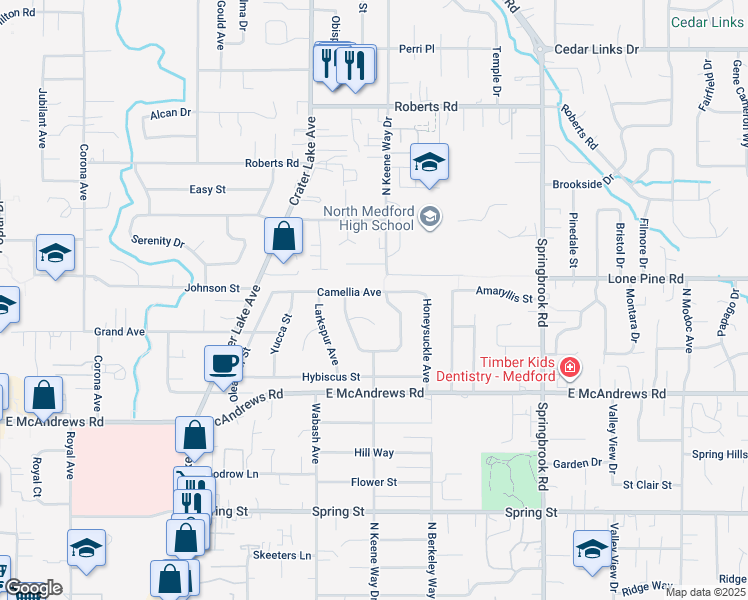 map of restaurants, bars, coffee shops, grocery stores, and more near 1956 Camellia Avenue in Medford