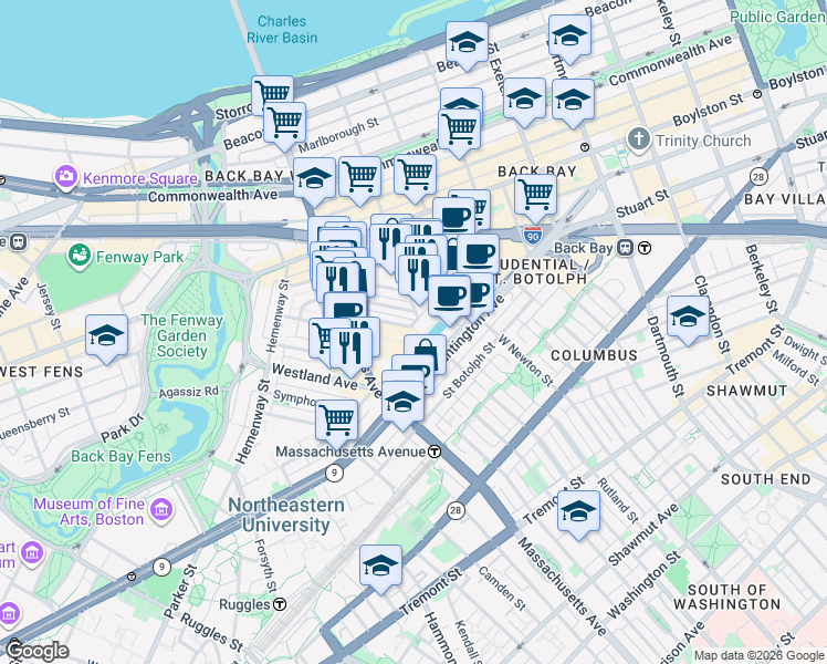 map of restaurants, bars, coffee shops, grocery stores, and more near 1 Dalton Street in Boston