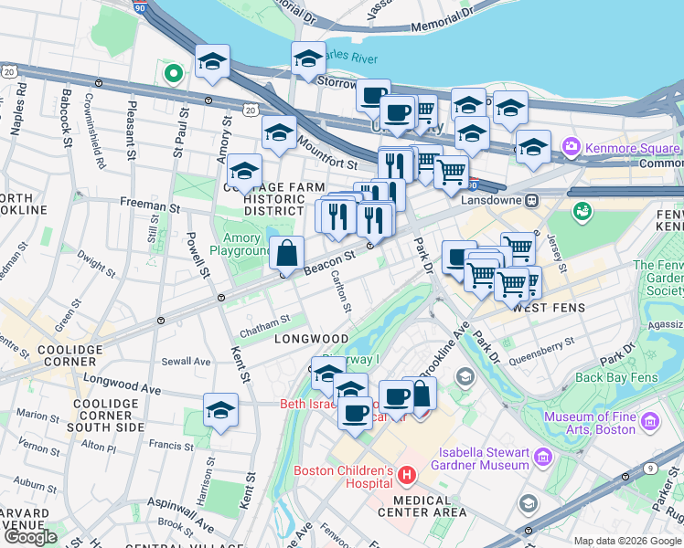 map of restaurants, bars, coffee shops, grocery stores, and more near 46 Carlton Street in Brookline