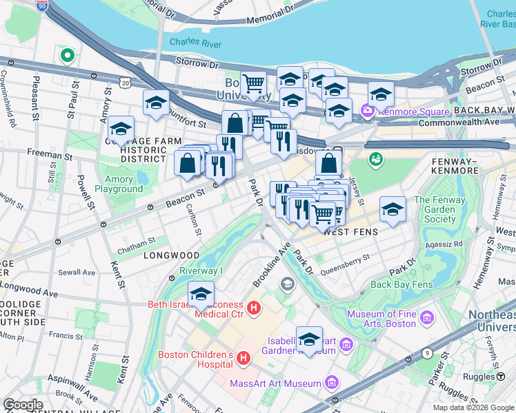 map of restaurants, bars, coffee shops, grocery stores, and more near 440 Park Drive in Boston