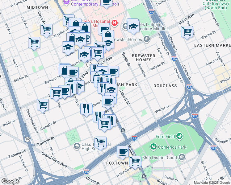 map of restaurants, bars, coffee shops, grocery stores, and more near 54 Watson Street in Detroit