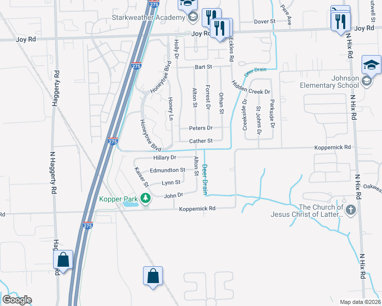 map of restaurants, bars, coffee shops, grocery stores, and more near 39612 Hillary Drive in Canton