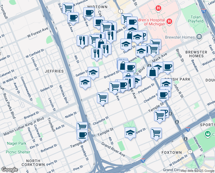map of restaurants, bars, coffee shops, grocery stores, and more near 640 Martin Luther King Junior Boulevard in Detroit