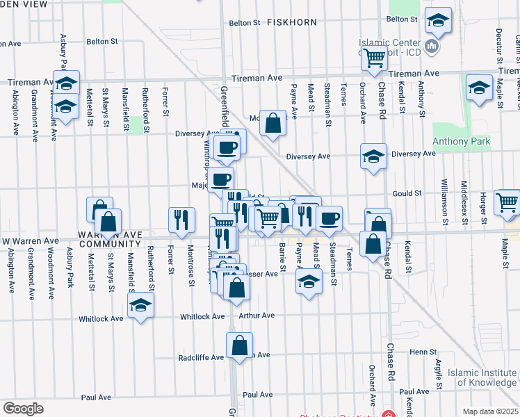map of restaurants, bars, coffee shops, grocery stores, and more near 7321 Coleman Street in Dearborn