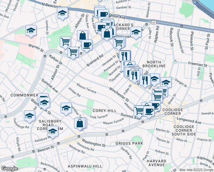 map of restaurants, bars, coffee shops, grocery stores, and more near 183 Winchester Street in Brookline
