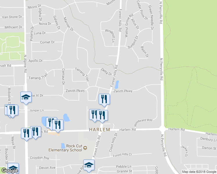 map of restaurants, bars, coffee shops, grocery stores, and more near 5178 Zenith Parkway in Machesney Park