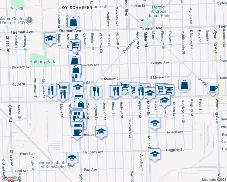 map of restaurants, bars, coffee shops, grocery stores, and more near 7250 Reuter Street in Dearborn