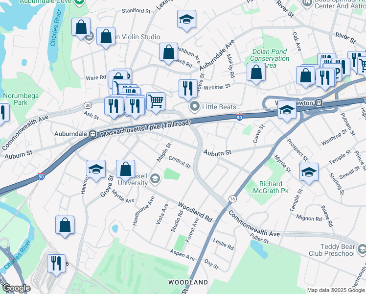 map of restaurants, bars, coffee shops, grocery stores, and more near 174 Auburn Street in Newton