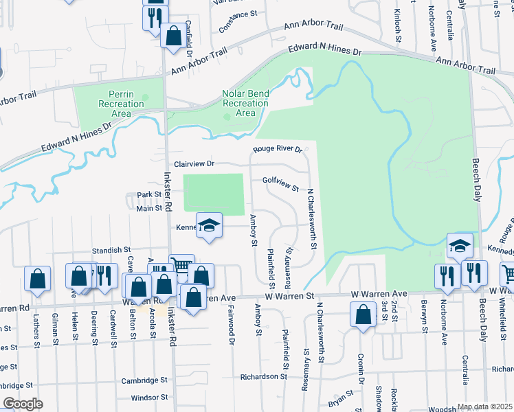 map of restaurants, bars, coffee shops, grocery stores, and more near 7706 Amboy St in Dearborn Heights