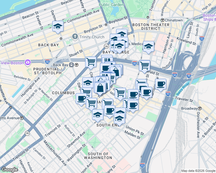 map of restaurants, bars, coffee shops, grocery stores, and more near 505 Tremont Street in Boston