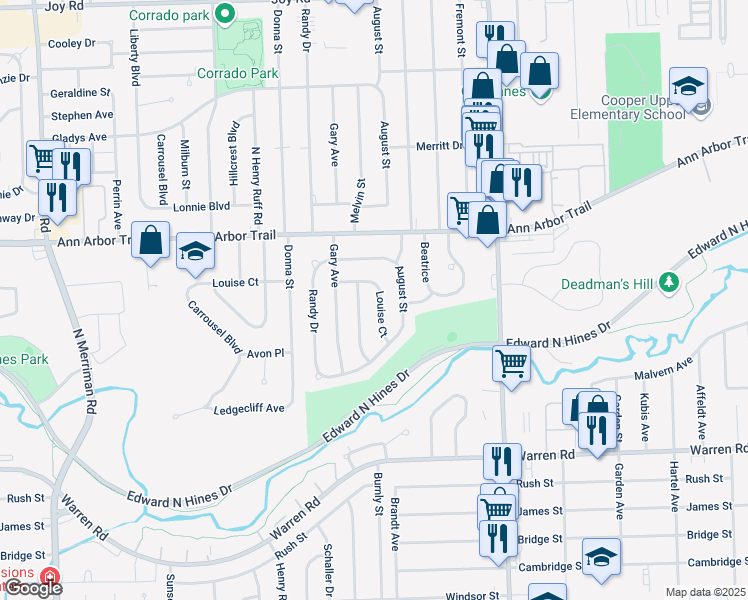 map of restaurants, bars, coffee shops, grocery stores, and more near 7685 Louise Court in Westland