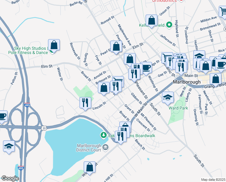 map of restaurants, bars, coffee shops, grocery stores, and more near 15 Cross Street in Marlborough