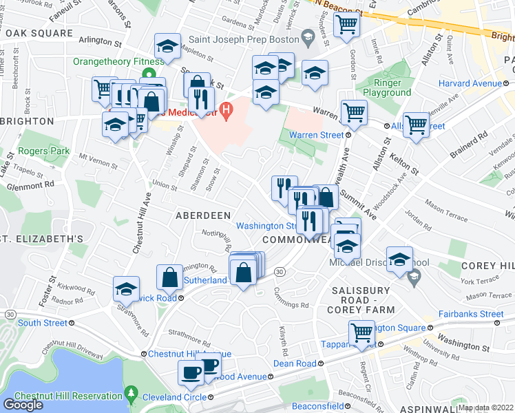 map of restaurants, bars, coffee shops, grocery stores, and more near 75 Claymoss Road in Boston